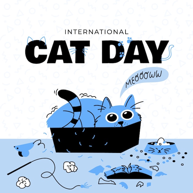 Vector international cat day hand drawn flat illustration