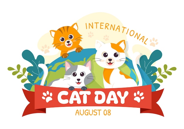 Illustrazione della giornata internazionale del gatto l'8 agosto con la celebrazione dell'amore degli animali dei gatti in flat cartoon