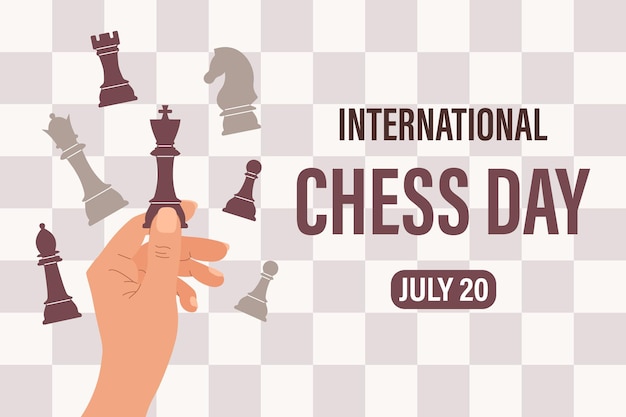 International Chess Day July 20 The hand holds chess pieces Festive banner illustration vector