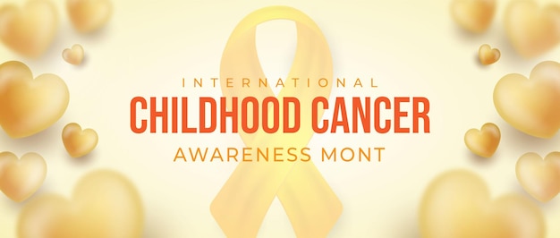 International childhood cancer awareness month text with a 3D heart balloon background flying