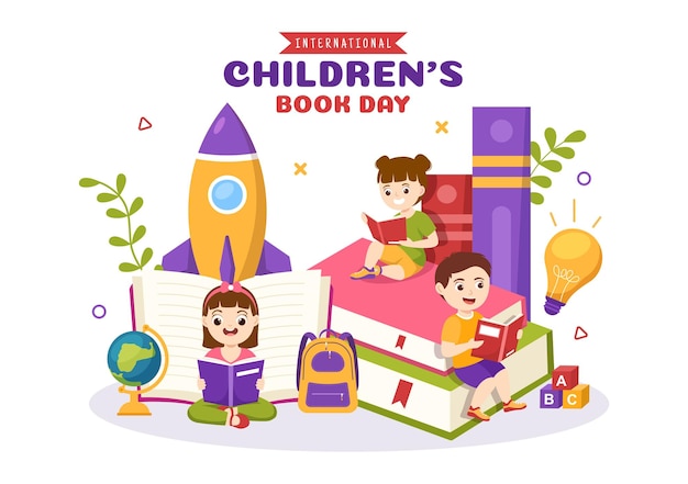 International Children Book Day Illustration with Kids Reading or Writing Books in Hand Drawn