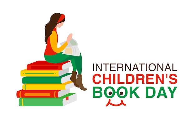 International Childrens Book Day Girl reading a book 2 April Vector illustration