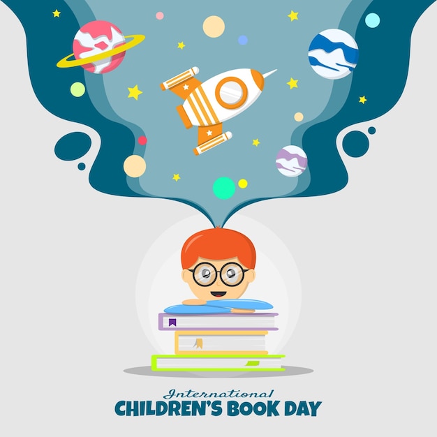 Вектор Плакат международного дня детской книги с воображением мальчика, читающего книгу