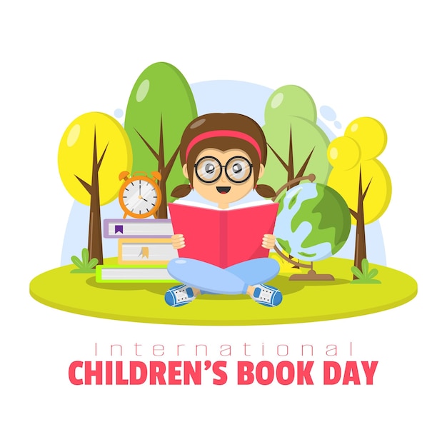 Vettore poster della giornata internazionale del libro per bambini con una ragazza seduta a leggere un libro nel cortile