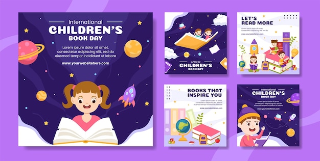 International Childrens Book Day Social Media Post Flat Cartoon Hand Drawn Templates Illustration