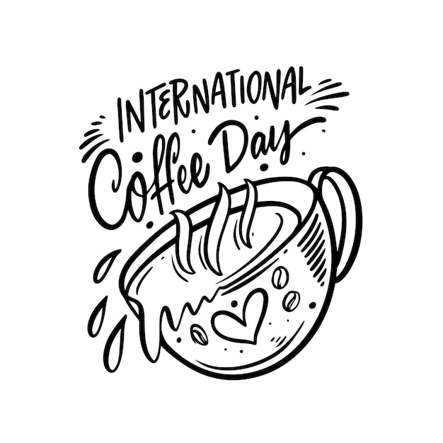 Международный день кофе с черными буквами, логотипом, праздничным текстом на белом фоне