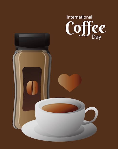 International coffee day card with pot product and cup and heart vector illustration design