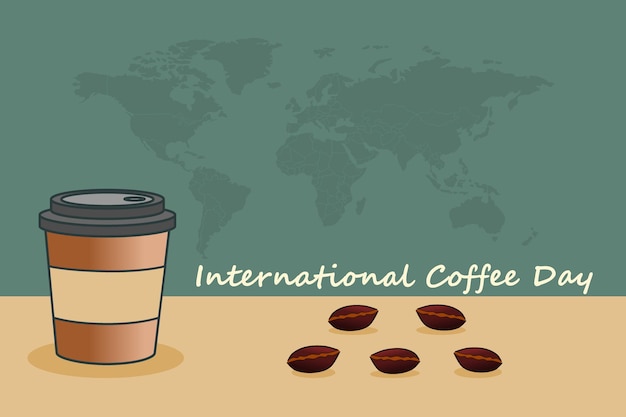 벡터 국제 커피의 날 수평 배너 세계 지도 배경에 커피 콩이 있는 커피 종이 컵