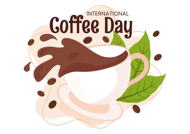 Векторная иллюстрация Международного дня кофе 1 октября с ароматизированным напитком и коричневым фоном