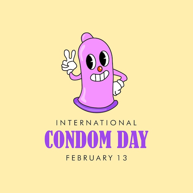 International condom day banner with cute condom cartoon illustration