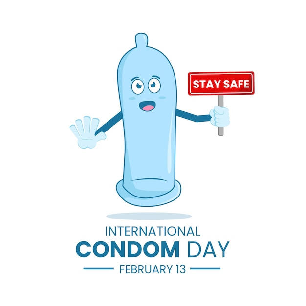 Vector international condom day poster with cute condom cartoon vector illustration