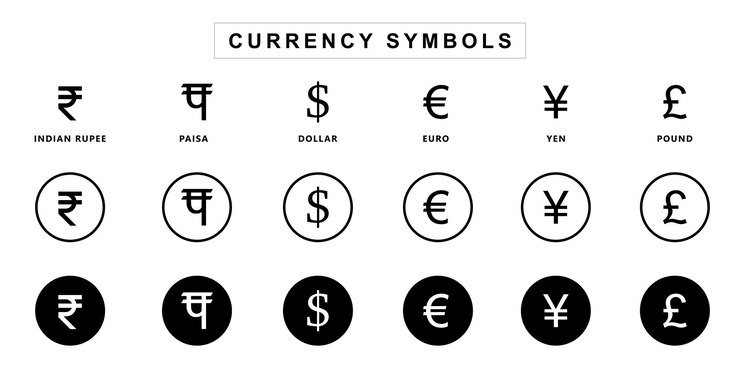Vector international currency symbol set of icons money icon of rupee paisa euro dollar pound yen yuan