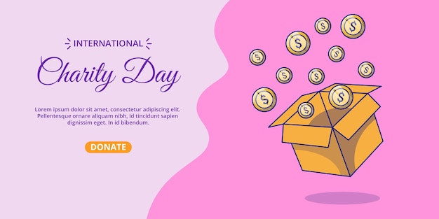 International day of charity banner with box of money cartoon illustration.
