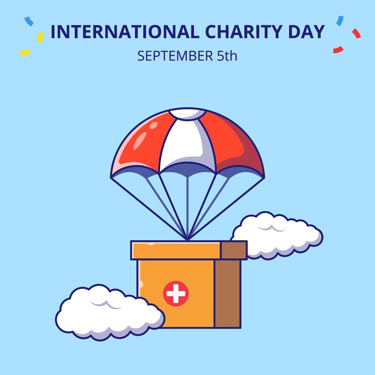 वेक्टर international day of charity box flying with parachute flat cartoon icon concept illustration.