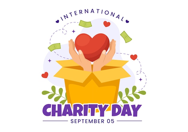 Vector international day of charity vector illustration on 5 september with donation package love concept