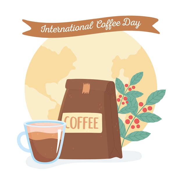 Vettore giornata internazionale del caffè, tazza del pacchetto e rami con sfondo del mondo di semi