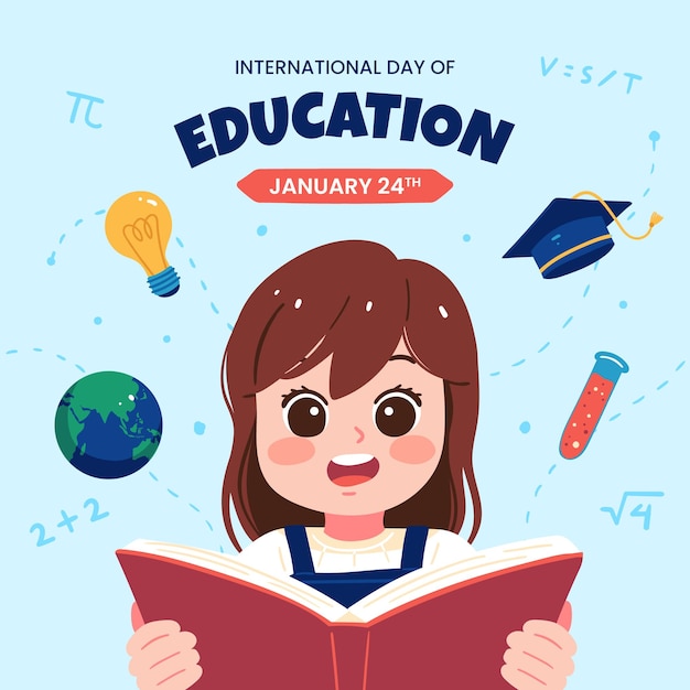 international day of education illustration a child reading book in flat hand drawn style