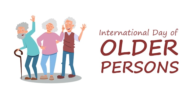 International Day of the Elderly A group of cheerful friendly old men rejoice and wave their hands