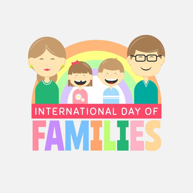 Vettore saluti per la giornata internazionale delle famiglie con una famiglia felice davanti all'arcobaleno