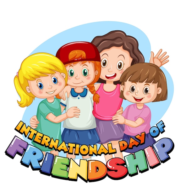 Vector international day of friendship logo with four girls in cartoon
