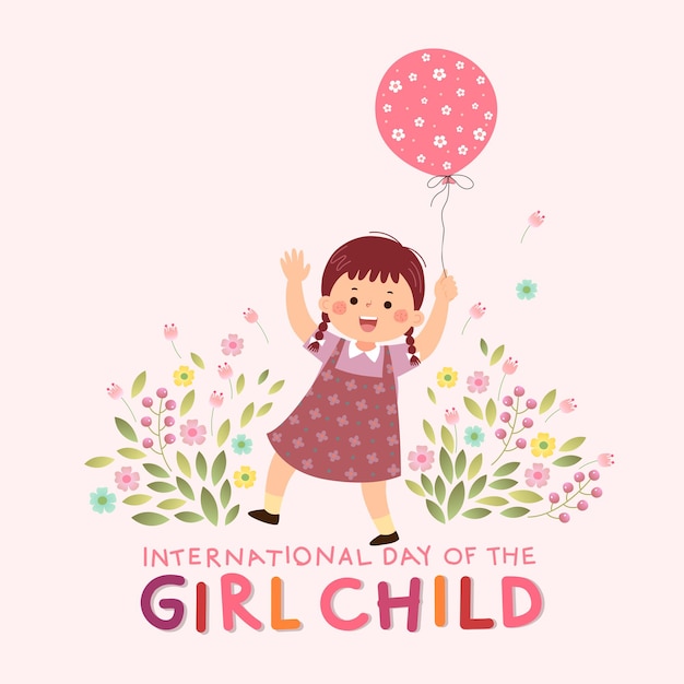 Vector international day of the girl child background with a little girl holding a pink balloon