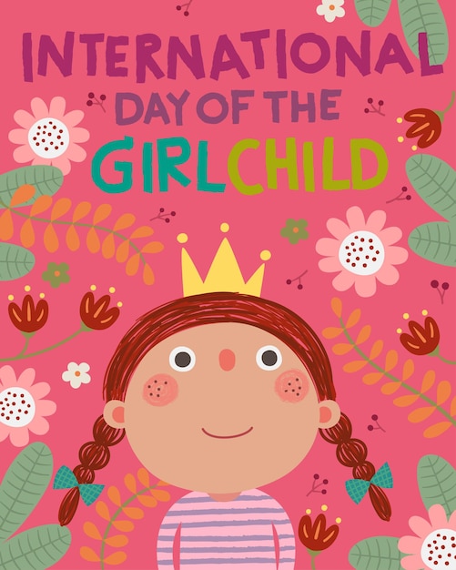 International day of the girl child background with little girl princess in floral background.