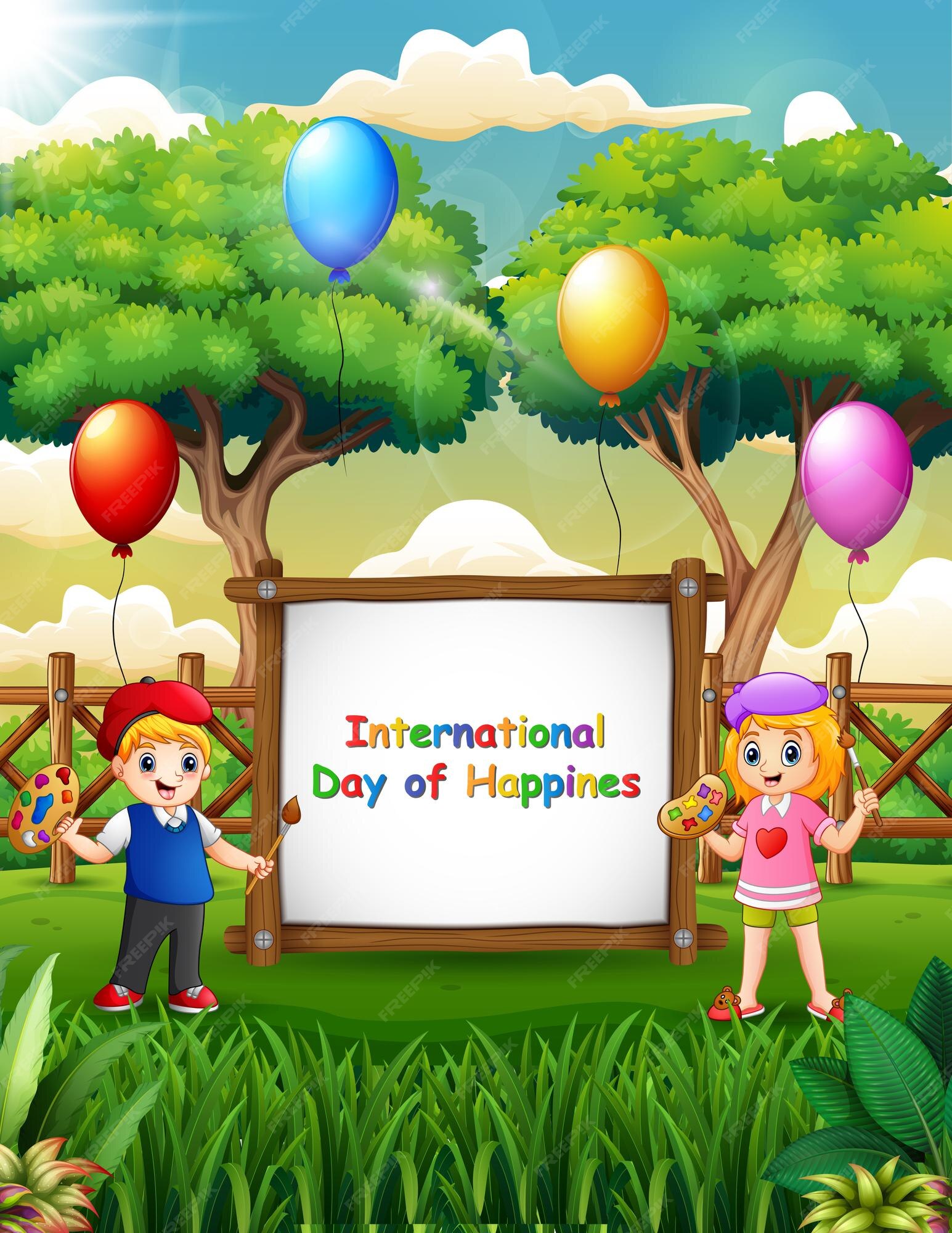 Premium Vector | International day of happiness sign with happy kids painting Premium Vector | International day of happiness sign with happy kids painting