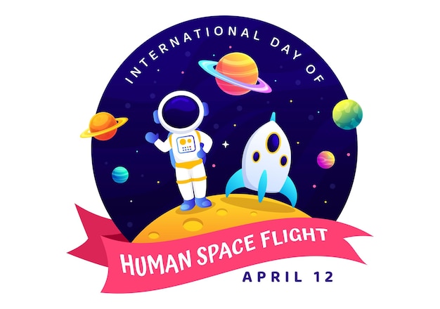 International Day of Human Space Flight Vector Illustration with Astronaut Standing on the Moon