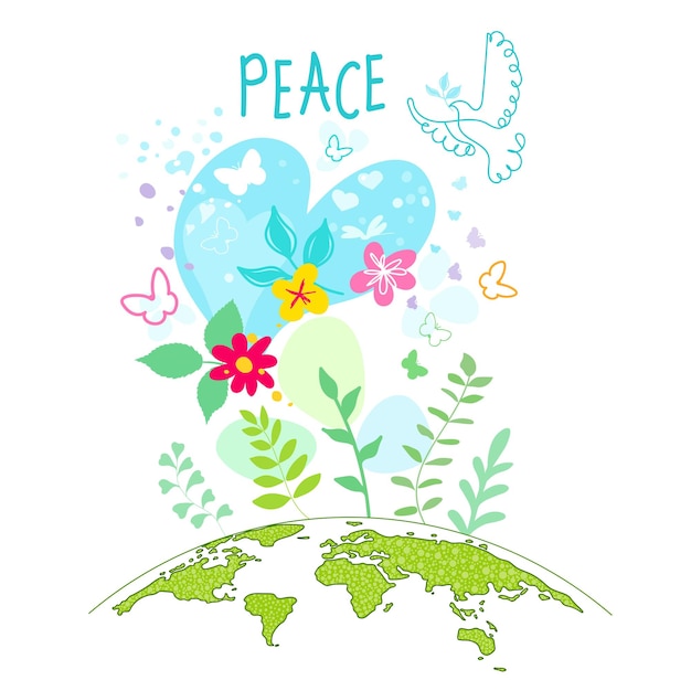 ベクトル 国際平和デー 鳥のグローブ 花のハート 継続的な絵 愛と平和の概念