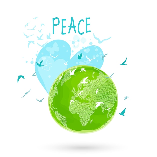 国際平和デー 鳥のグローブ 花のハート 継続的な絵 愛の概念 平和