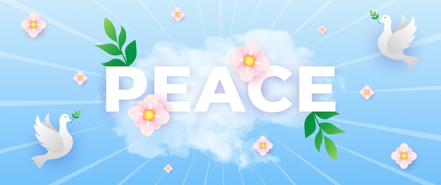 ベクトル 鳩の葉と雲の要素を持つ青いバナーの国際平和デー