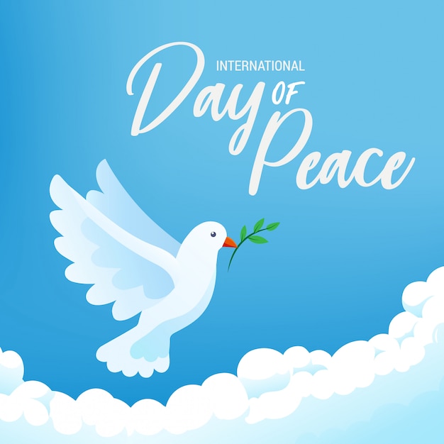 International day of peace banner poster with white bird and olive branch in clear blue sky,  illustration.