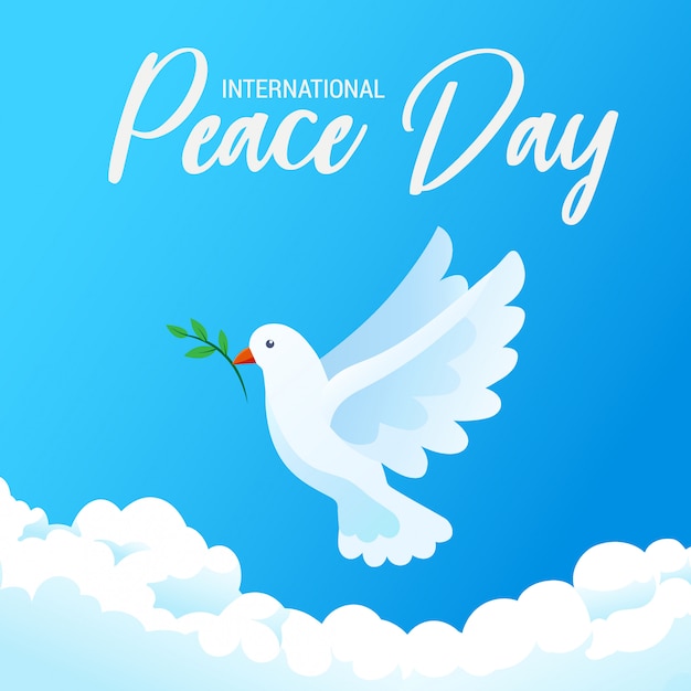 International day of peace banner poster with white bird and olive branch in clear blue sky, illustration.