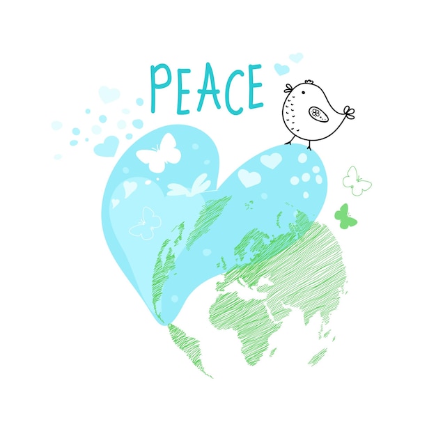 Vector international day of peace bird globe flowers heart continuous drawing concept of love peace and