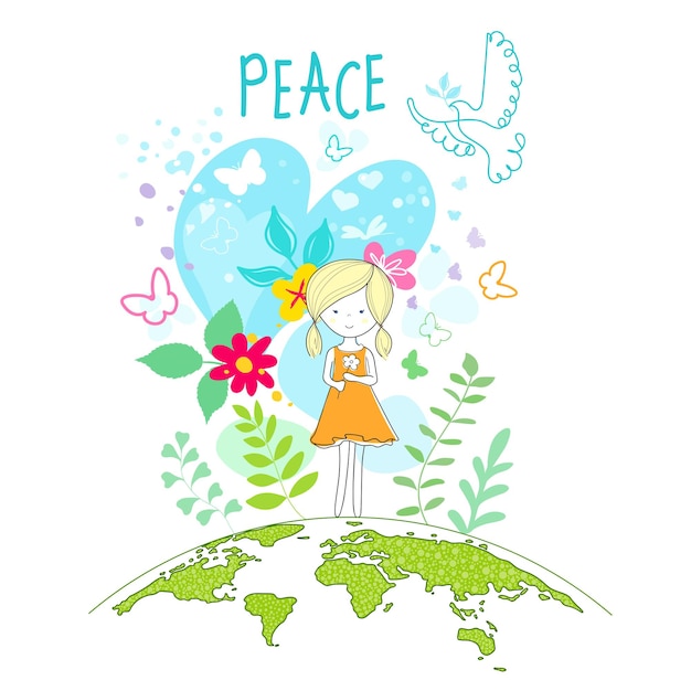 Vector international day of peace bird globe flowers heart continuous drawing concept of love peace and