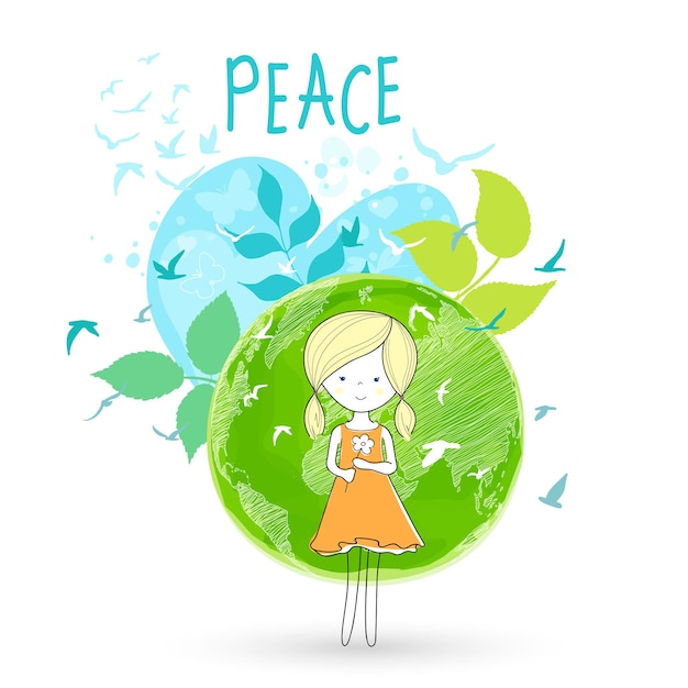 Vector international day of peace bird globe flowers heart continuous drawing concept of love peace and