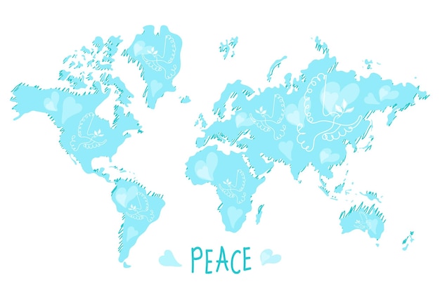 Giornata internazionale della pace gli uccelli, i globi, i fiori, il cuore, il disegno continuo il concetto di amore, pace e
