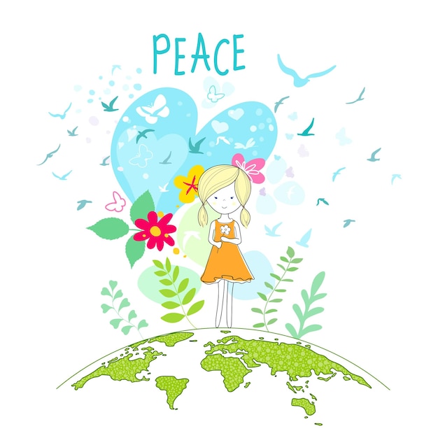 Vector international day of peace bird globe flowers heart continuous drawing concept of love peace and