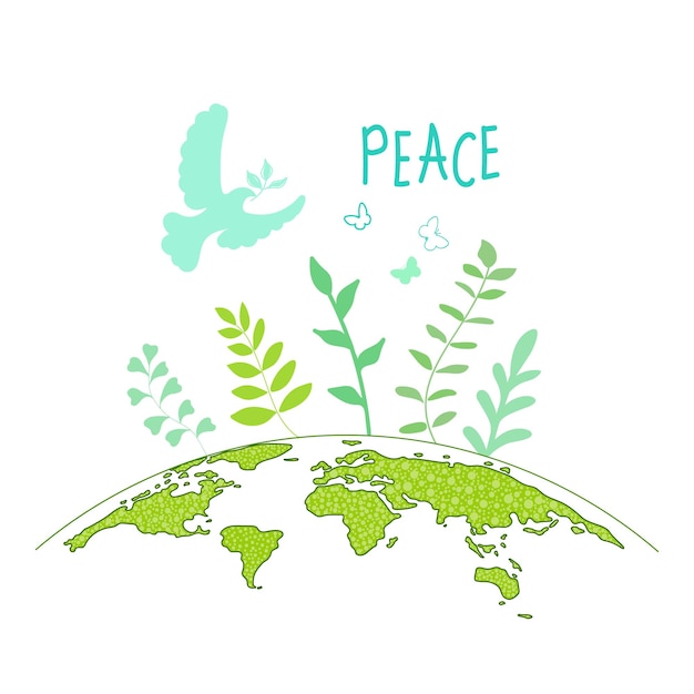 Giornata internazionale della pace globo di uccelli fiori cuore disegno continuo concetto di amore pace