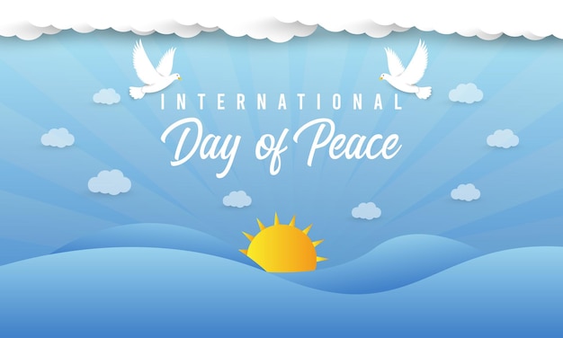 International day of peace flat banner background with dove cloud illustrated in the sky