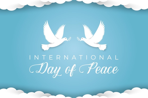 International day of peace flat banner background with dove cloud illustrated in the sky