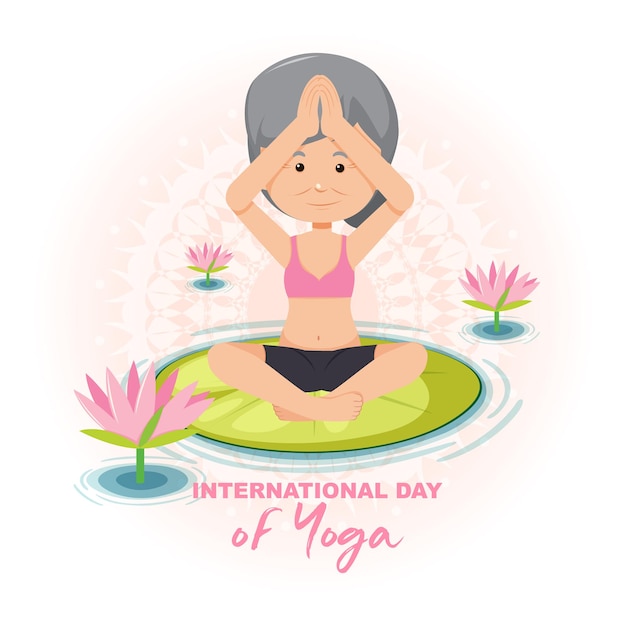 International day of yoga banner with old woman doing yoga exercise