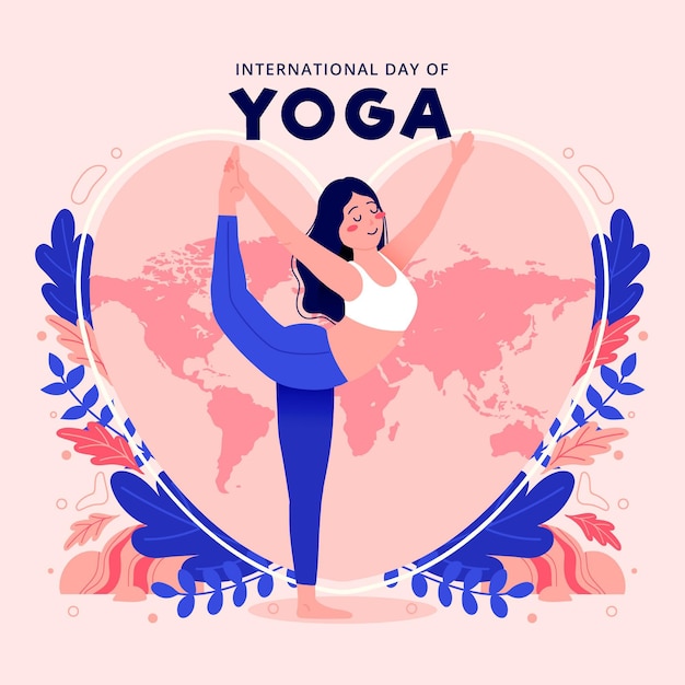 Vettore giorno internazionale dell'illustrazione di yoga con l'allungamento della donna