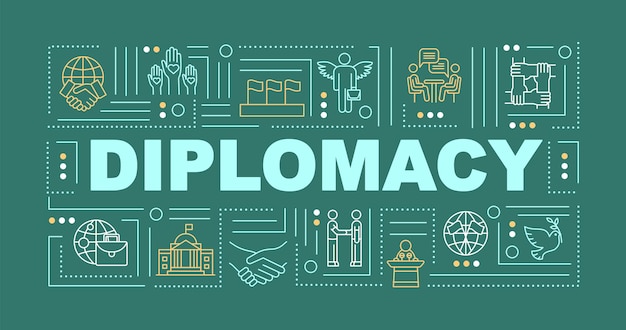 International diplomacy word concepts banner. global cooperation. political peace. infographics with linear icons on green background. isolated typography. vector outline rgb color illustration