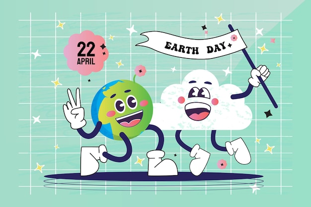 ベクトル 国際アースデー 漫画のかわいい笑顔の地球惑星のキャラクター レトロなスタイルで地球を抱きしめる雲 抱擁 フラワーパワー 惑星 地球を救う 70年代 60年代 緑の惑星