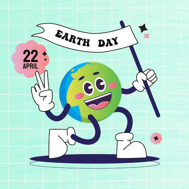 Международный день земли мультфильм милая улыбка персонаж планеты земля концепция всемирного дня окружающей среды в стиле ретро цветочная сила планета спасите землю флаг 70-х 60-х зеленая планета