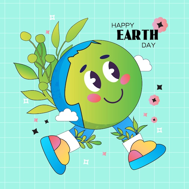 国際アースデー 地球の花はトレンディなスニーカーを履いています レトロなスタイルの漫画のかわいい笑顔の地球惑星のキャラクター フラワーパワープラネット 地球を救う 70年代60年代 緑の惑星 自然の花の力