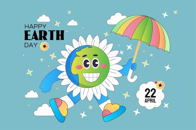 International Earth Day Earth flower wears trendy sneakers Cartoon cute smile earth planet character World Environment Day in retro style Flower Power Planet Save the Earth 70s 60s Green planet