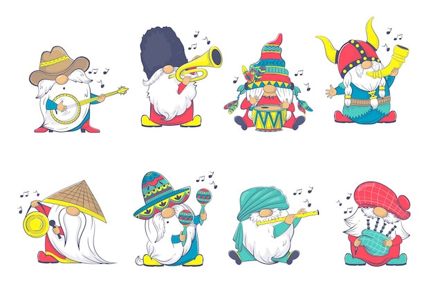 The International Gnome Band clipart Musical Gnomes in National Costumes