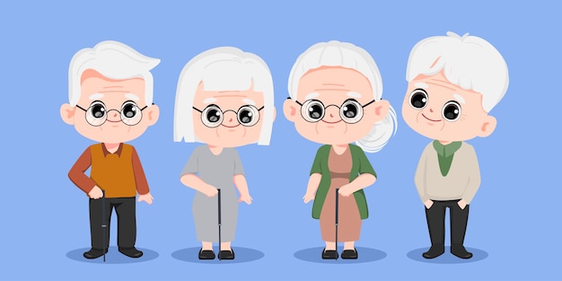 Международный день бабушек и дедушек Чиби пожилой персонаж мультфильм вектор дедушка и бабушка